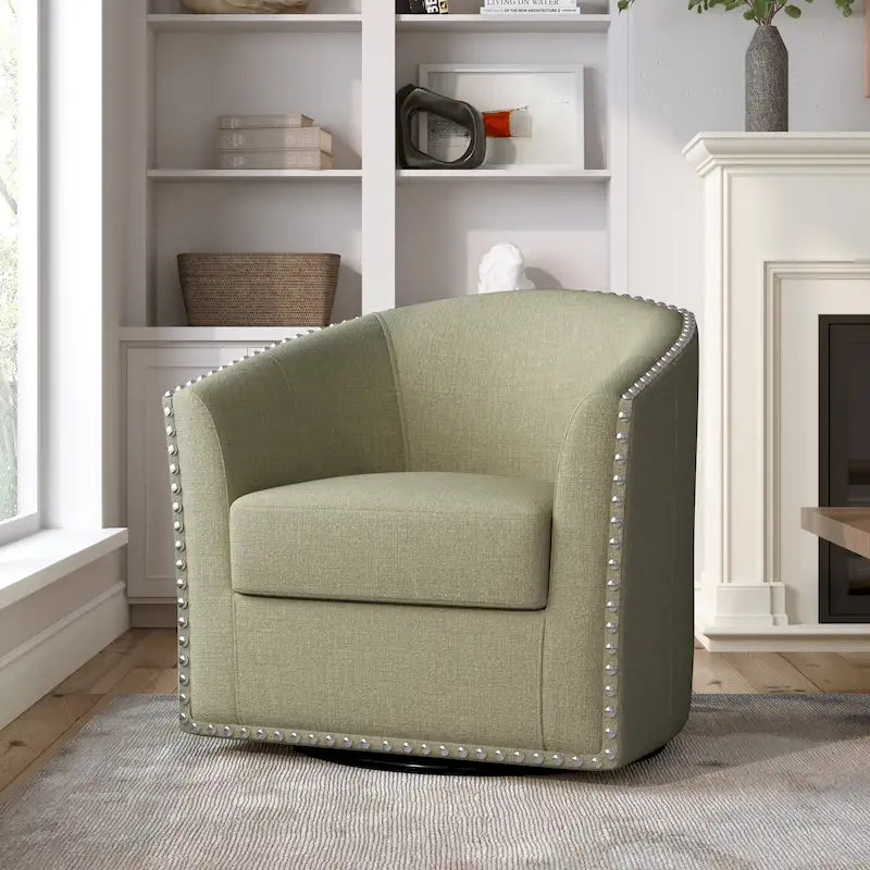 Poltrona girevole accent in lino imbottita con borchie, stile moderno