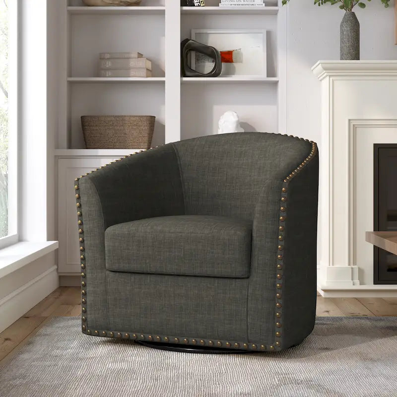 Poltrona girevole accent in lino imbottita con borchie, stile moderno