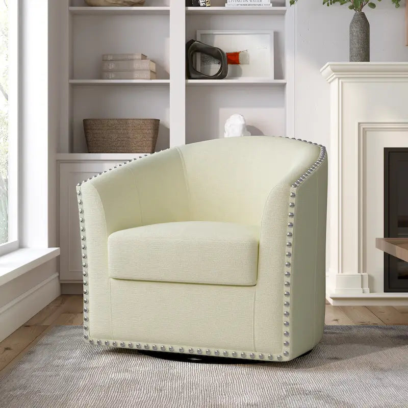 Poltrona girevole accent in lino imbottita con borchie, stile moderno