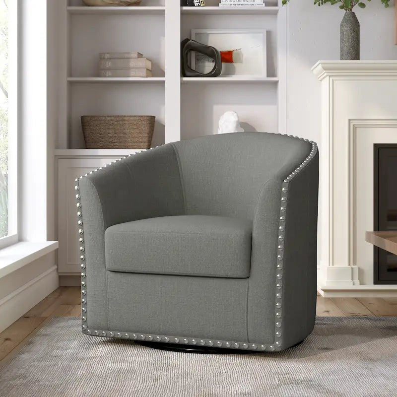 Poltrona girevole accent in lino imbottita con borchie, stile moderno
