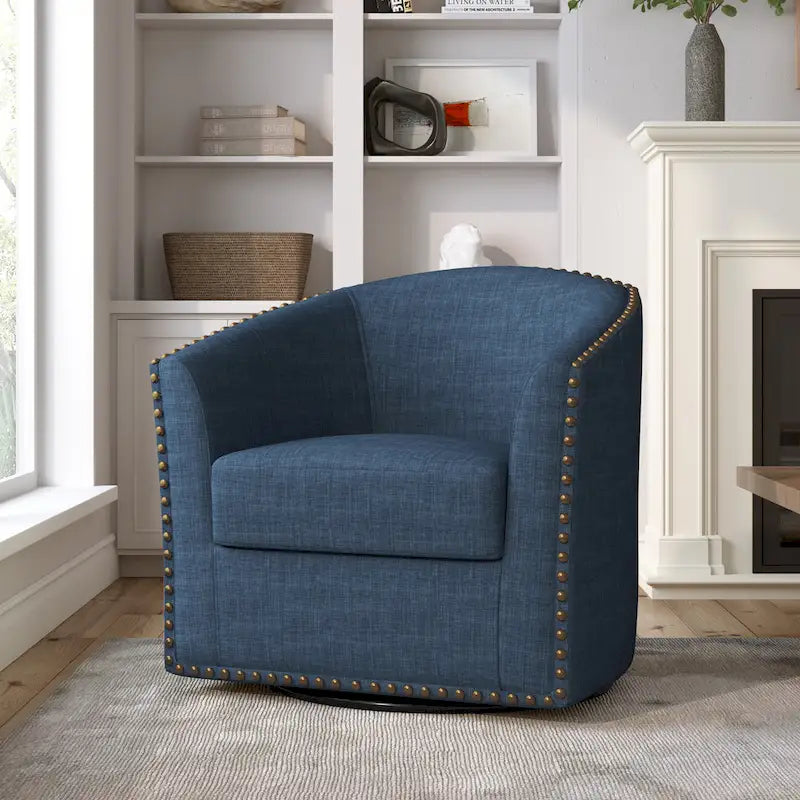 Poltrona girevole accent in lino imbottita con borchie, stile moderno