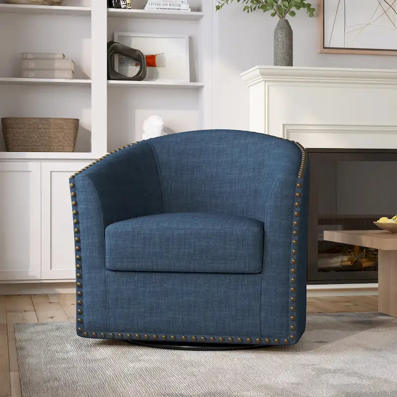 Poltrona girevole accent in lino imbottita con borchie, stile moderno