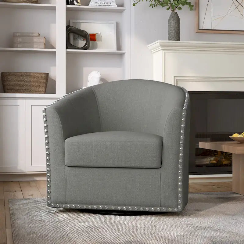 Poltrona girevole accent in lino imbottita con borchie, stile moderno