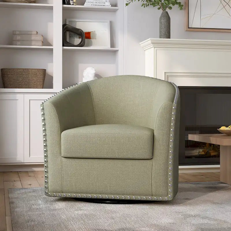 Poltrona girevole accent in lino imbottita con borchie, stile moderno