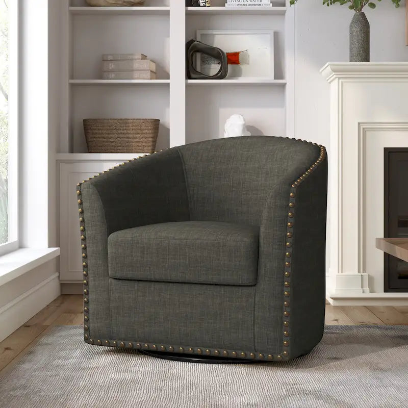 Poltrona girevole accent in lino imbottita con borchie, stile moderno