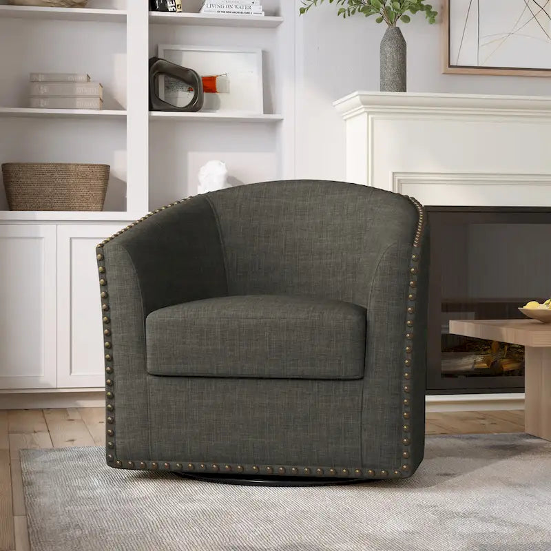 Poltrona girevole accent in lino imbottita con borchie, stile moderno