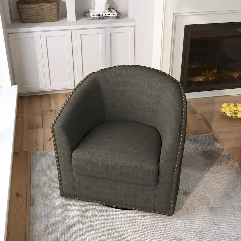 Poltrona girevole accent in lino imbottita con borchie, stile moderno